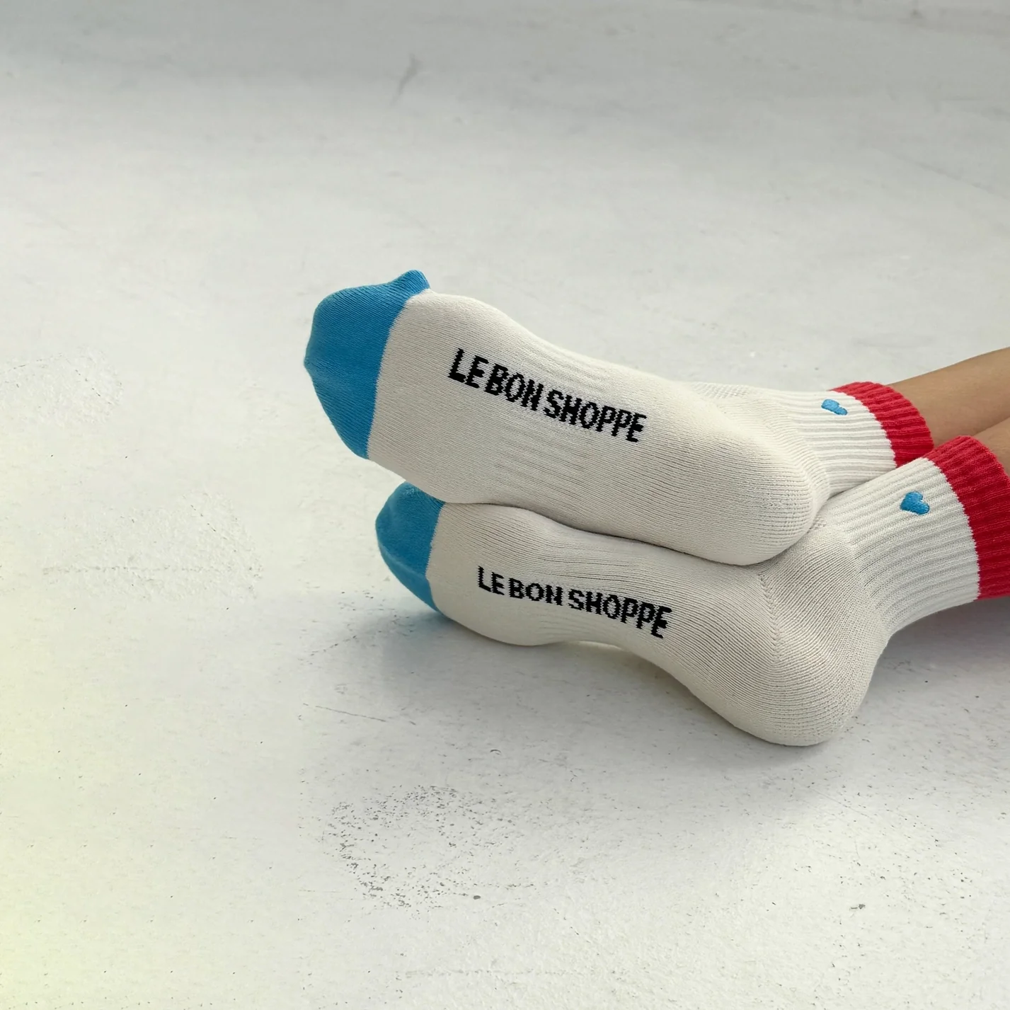 Embroidered Colour Block Girlfriend Socks Blue Red & Heart