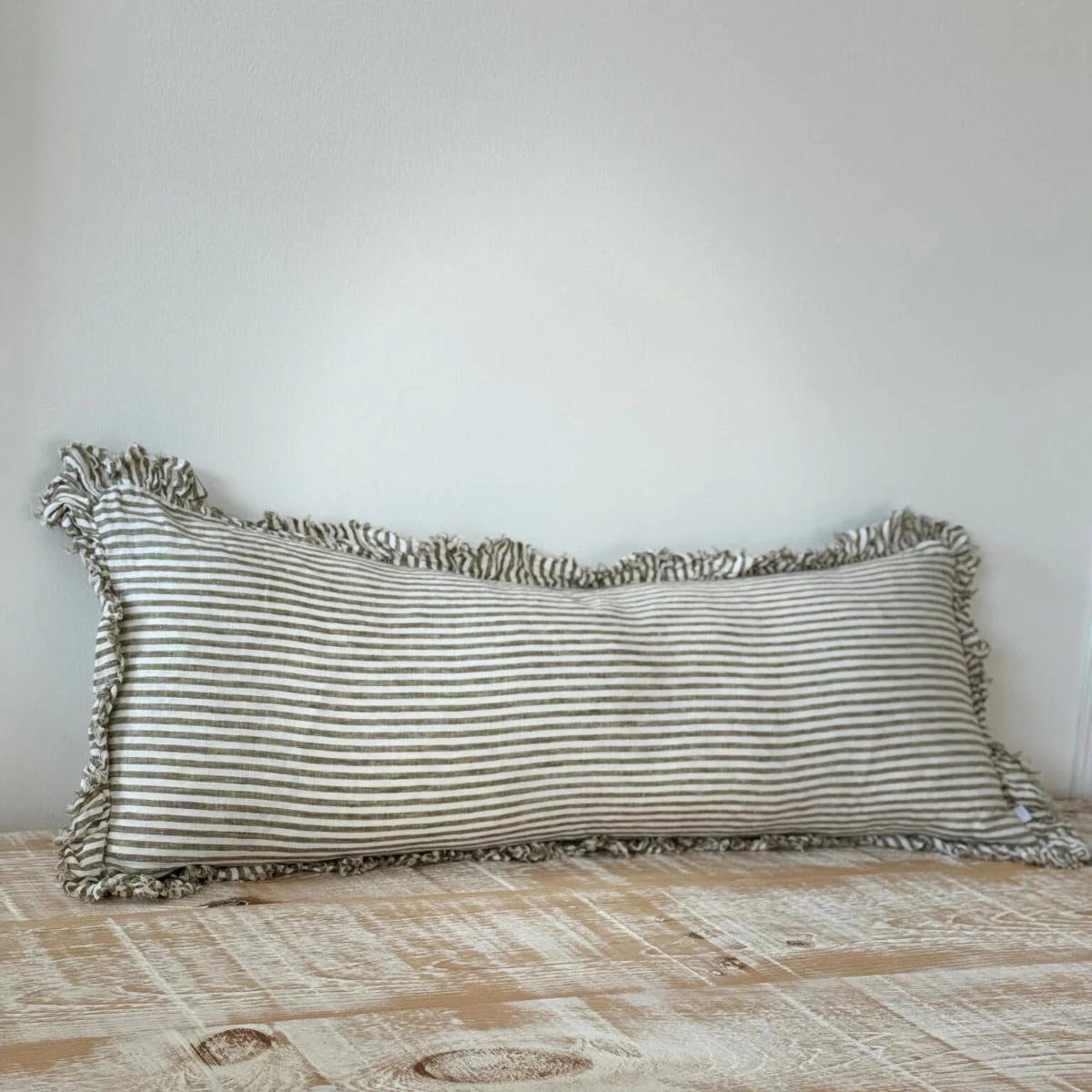 Hallie Bolster Linen Cushion – Olive Stripe 80x30 - Image 3