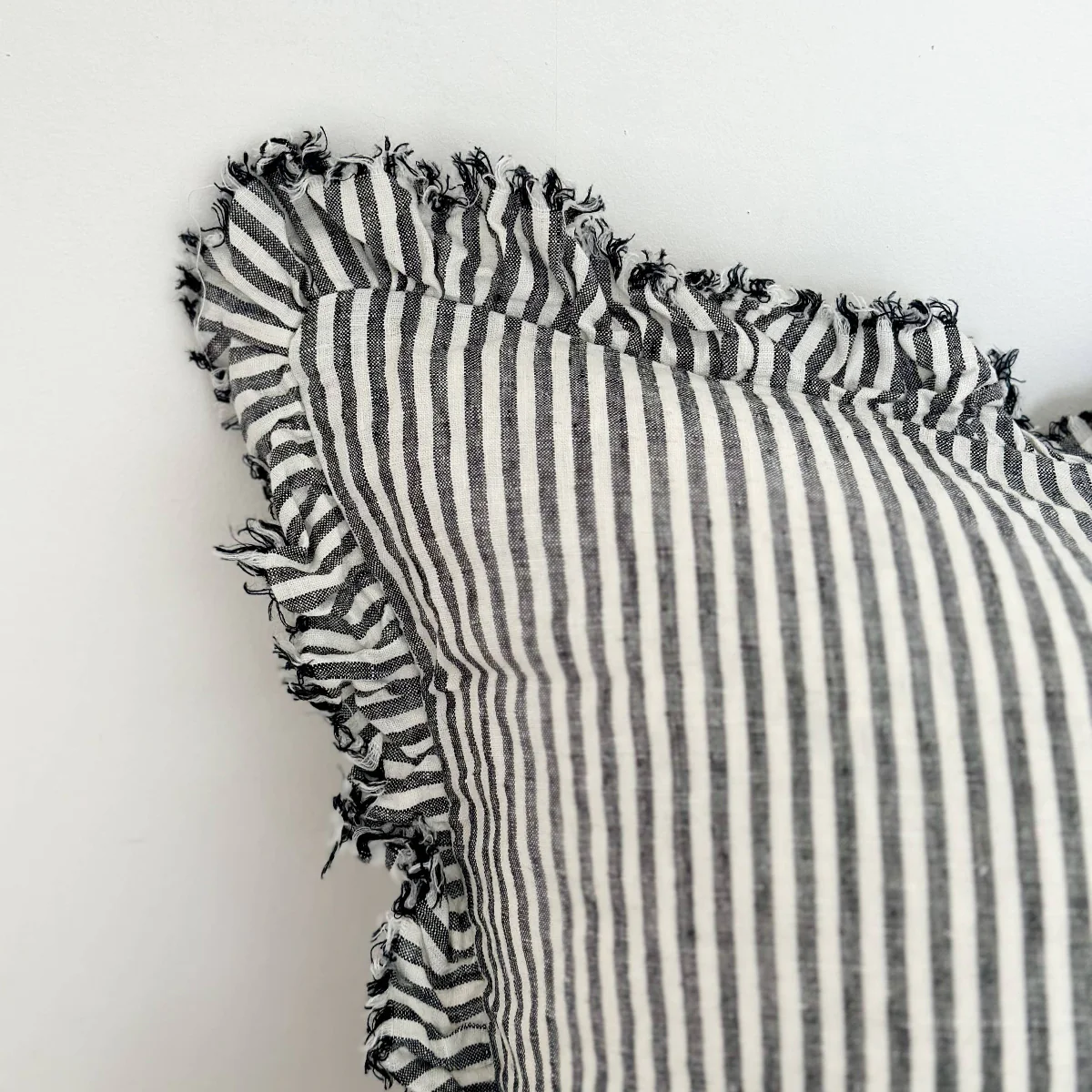 Hallie Ruffle Linen Cushion – Charcoal Stripe: 45 x 45 cm - Image 2
