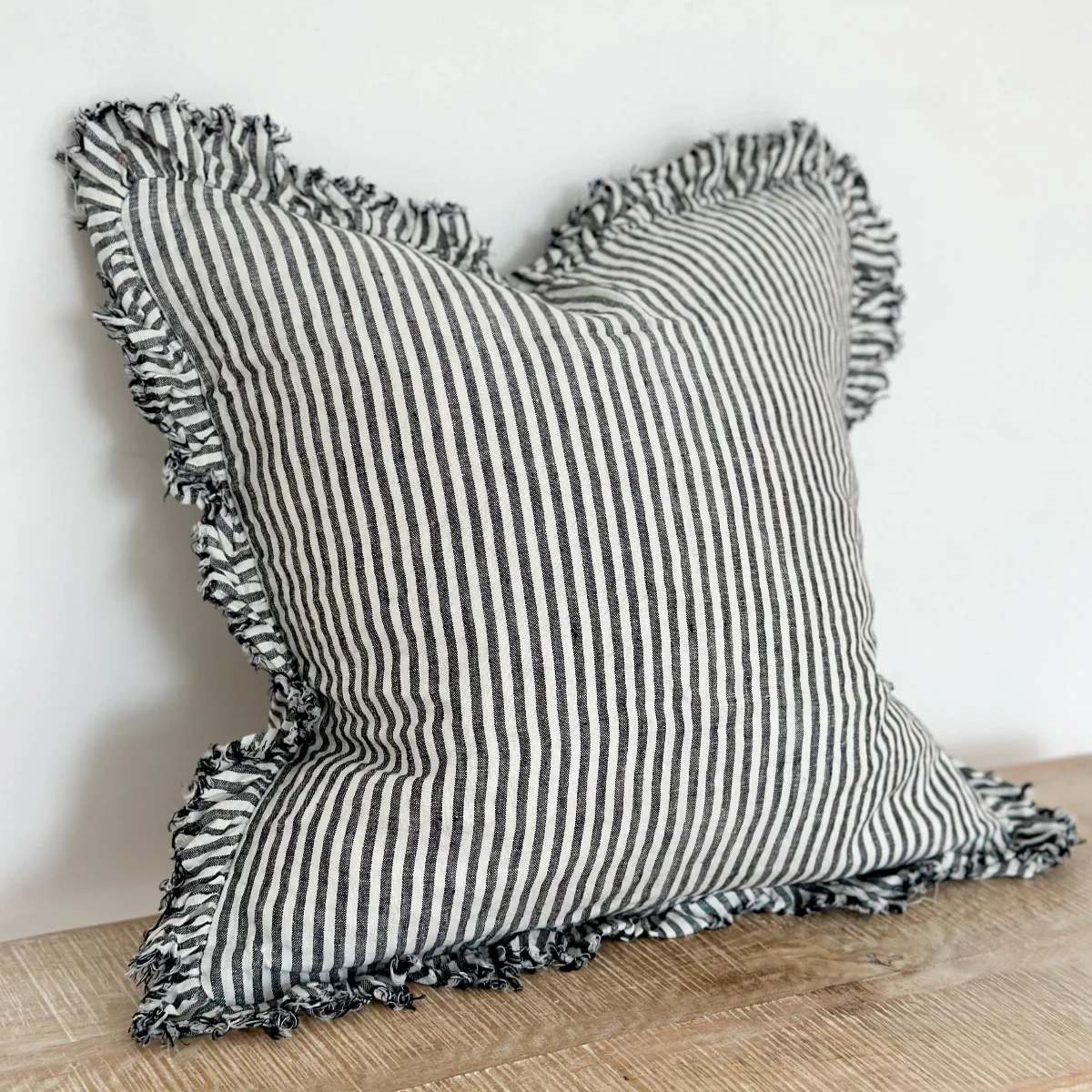 Hallie Ruffle Linen Cushion – Charcoal Stripe: 45 x 45 cm - Image 4