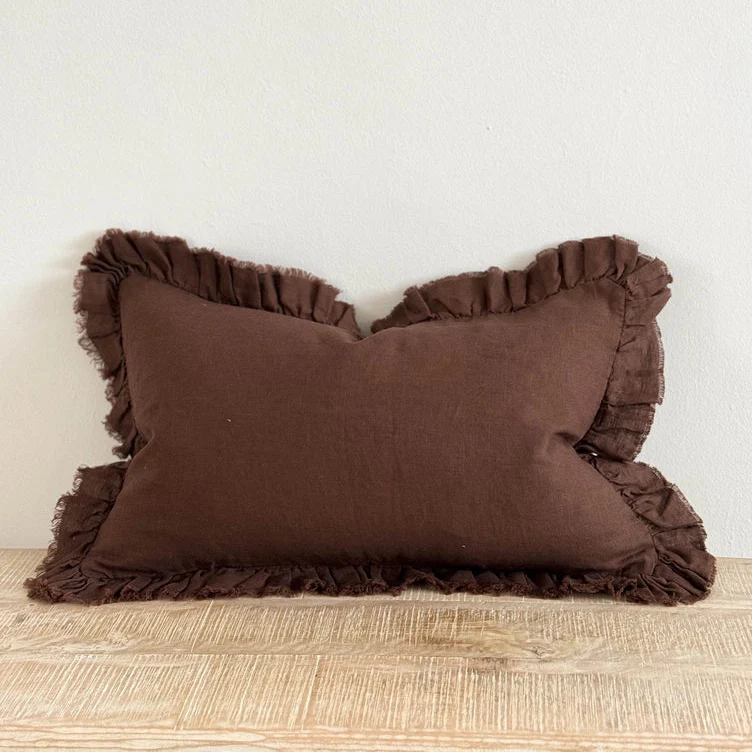 Hallie Ruffled Linen Cushion Cover 50x30 – Dark Brown
