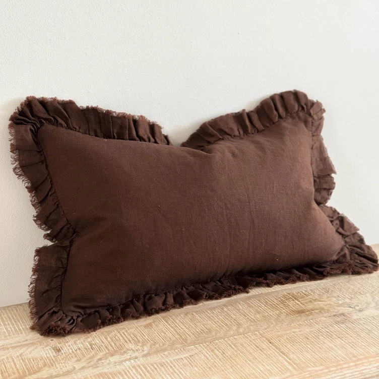 Hallie Ruffled Linen Cushion Cover 50x30 – Dark Brown - Image 4