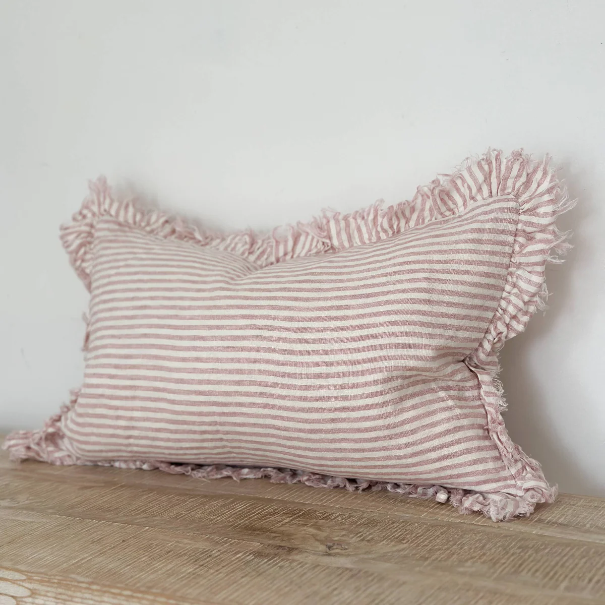 Hallie Ruffled Linen Cushion 50x30 – Pink Stripe