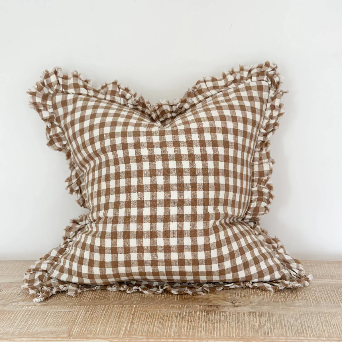 Hallie Ruffled Linen Cushion Brown Gingham 45cm x 45cm