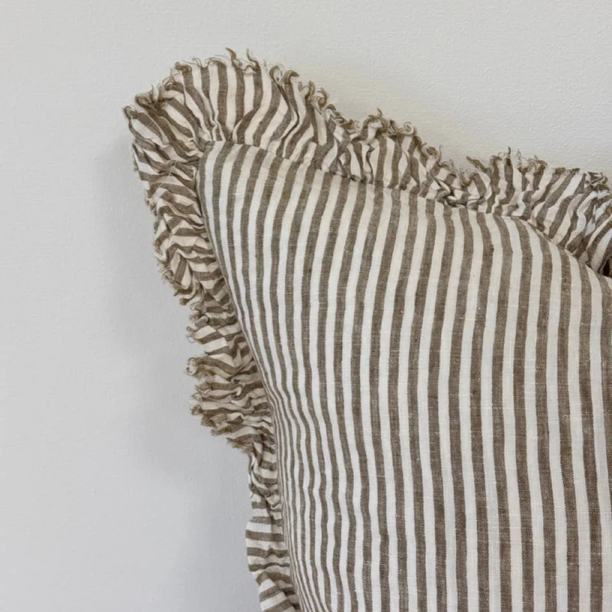 Hallie Ruffled Linen Cushion – Olive Stripe: 53 x 53 cm - Image 2