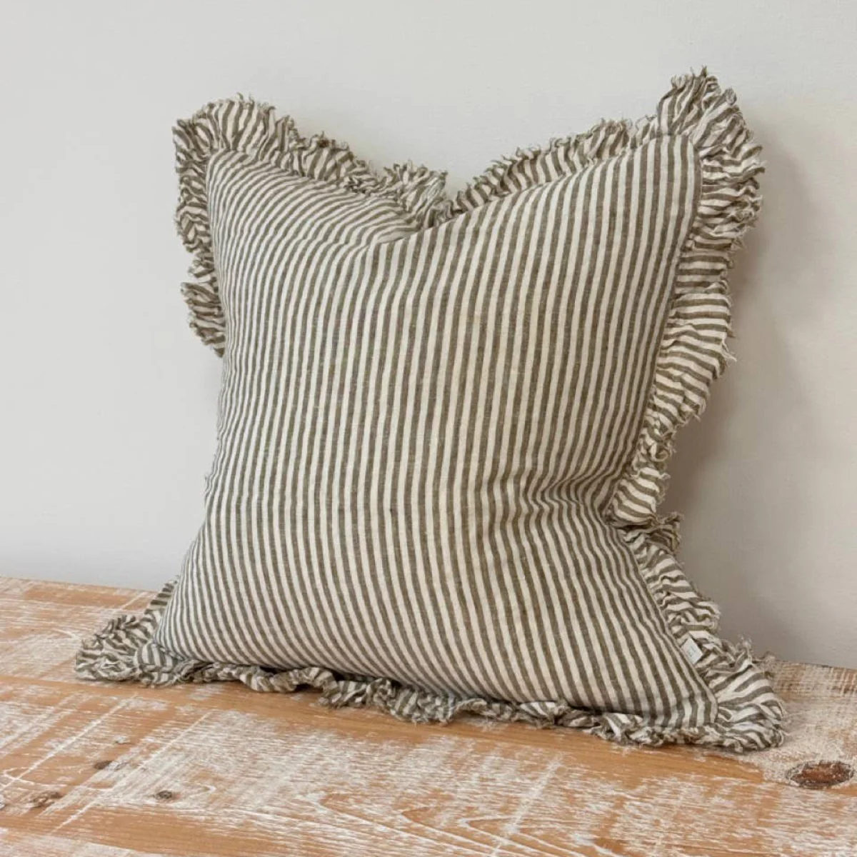 Hallie Ruffled Linen Cushion – Olive Stripe: 53 x 53 cm - Image 3