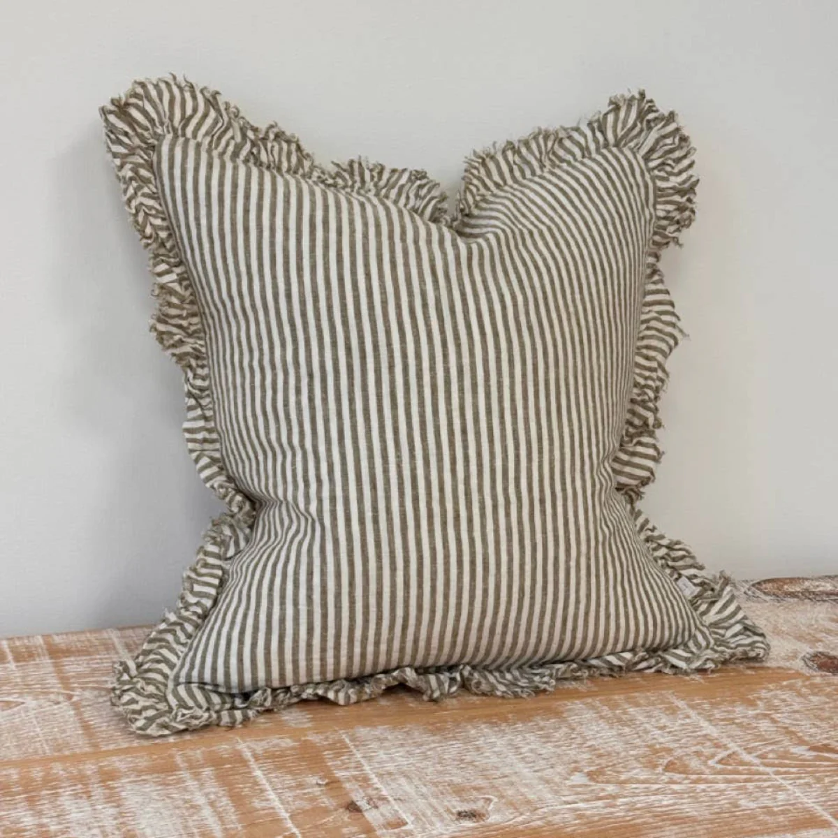Hallie Ruffled Linen Cushion – Olive Stripe: 53 x 53 cm - Image 4